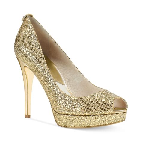 michael kors gold and jean color shoes|Michael Kors gold heels.